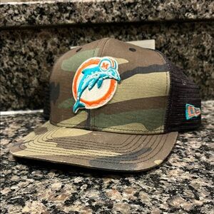 New Era Camouflage Trucker Hat with Miami Dolphins Logo